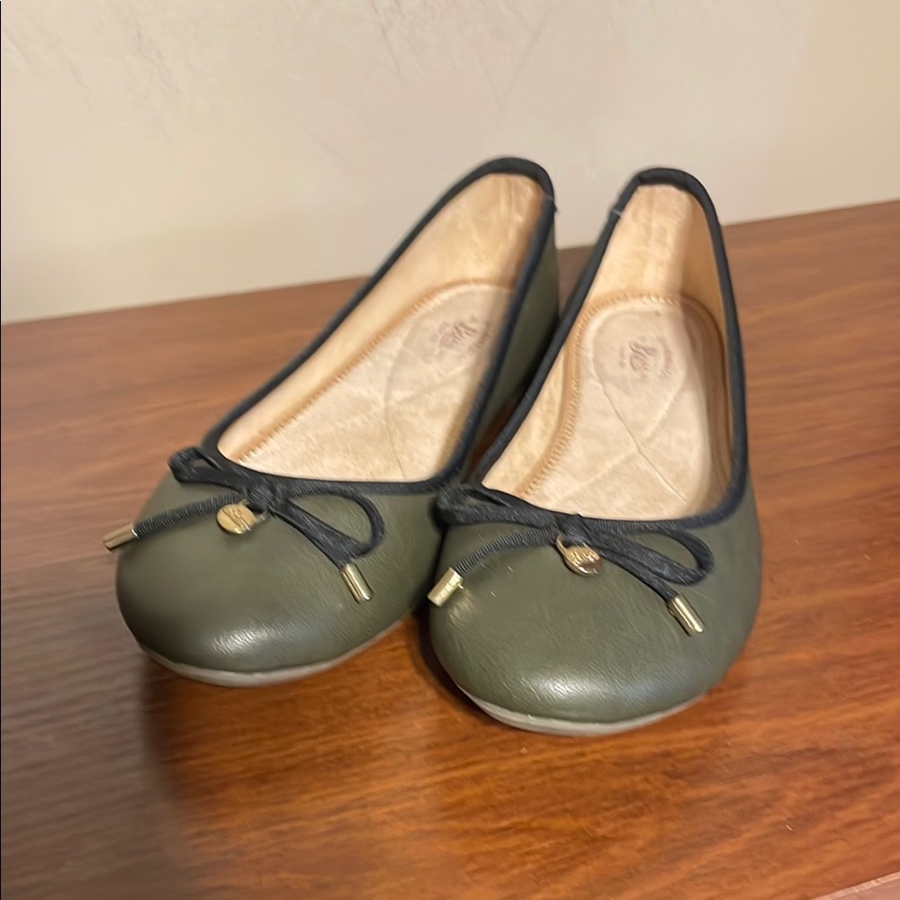 Olivia Miller Olive Green Ballet Flats with Black Trim
